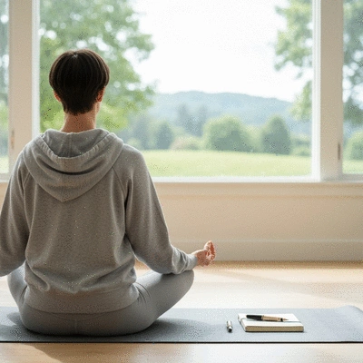 Person meditating or practicing mindfulness in a serene setting, perhaps with a journal nearby