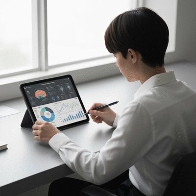Person analyzing personalized cognitive assessment data on a tablet