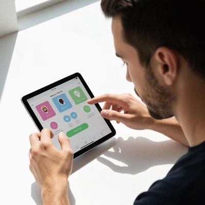 Person using a memory training app on a tablet, bright and clean environment, focus on hands and tablet