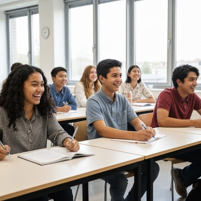 Students actively participating in a Kahoot! quiz on mental health topics in a classroom setting, showing engagement and discussion, no text, no words, no typography, 8K, clean image
