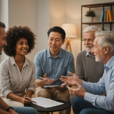 Diverse group of people in a support group discussion, focused on mental health
