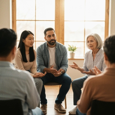 Diverse group of people participating in a mental health support group, sitting in a circle, engaged in discussion