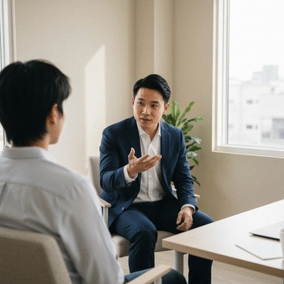 Mental health counselor actively listening to a client in a bright, modern office setting