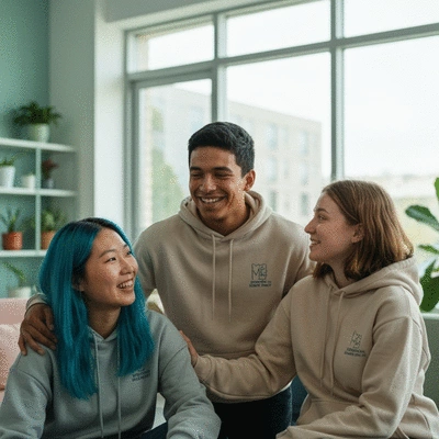Diverse group of people wearing mental health awareness hoodies, smiling, in a community setting