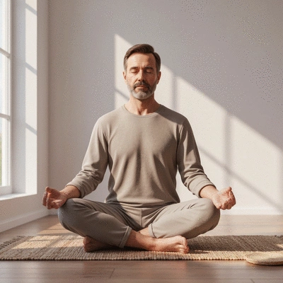 Person meditating peacefully in a bright, calm setting, representing mindfulness and focus
