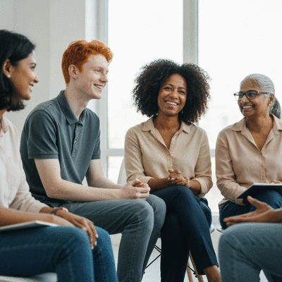 Diverse group of people engaged in an open and supportive mental health discussion