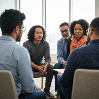Diverse group of people in a supportive mental health group session