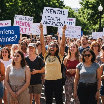 People participating in a mental health advocacy event, holding signs and showing support