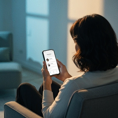 Person using a mental health app on a smartphone, soft lighting, serene environment