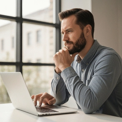 Person using a laptop to search for local mental health services, with a thoughtful expression, in a bright, modern setting