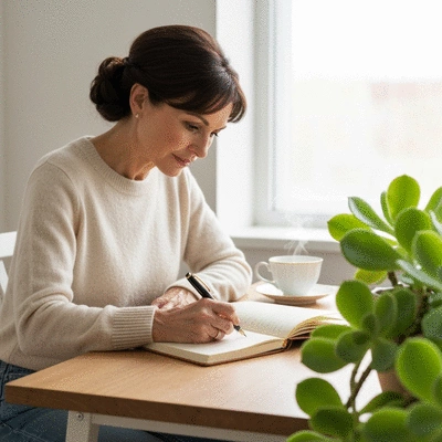 Person writing in a physical journal with a pen, surrounded by calming elements like a cup of tea and a plant, soft natural light, no text, no words, no typography, 8K, high resolution