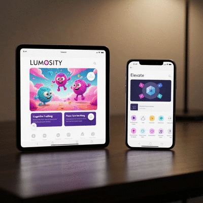 Brain training apps displayed on a tablet and smartphone