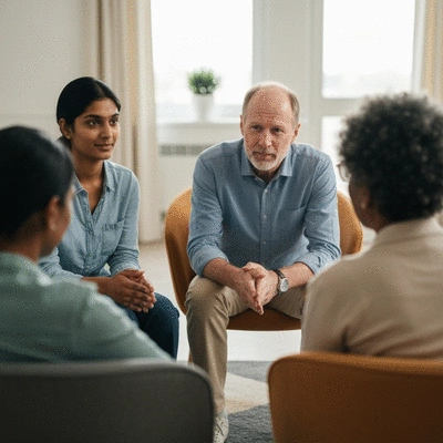 Diverse group of people in a supportive group setting, discussing mental health